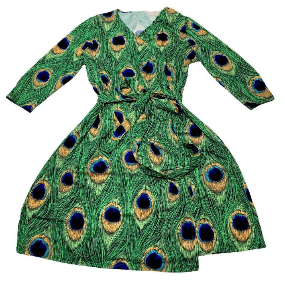 NEW LuLaRoe L Michelle Wrap Dress Green Peacock Feathers Print 3/4 Sleeve Flowy